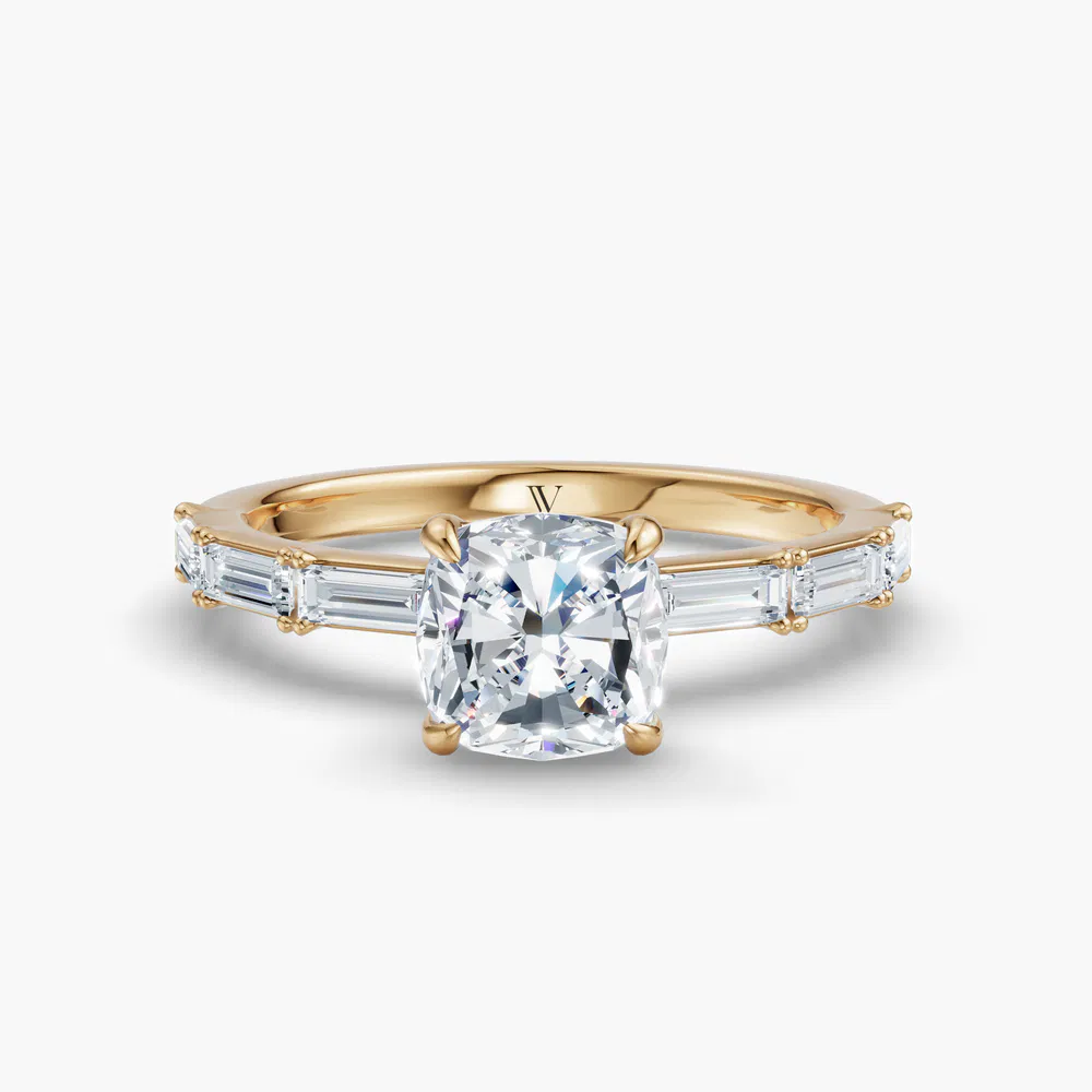 Certified 2 carat Lab Grown Diamond Cushion Cut Baguette, Side Stone Engagement Ring in 14K Yellow Gold-Lunark