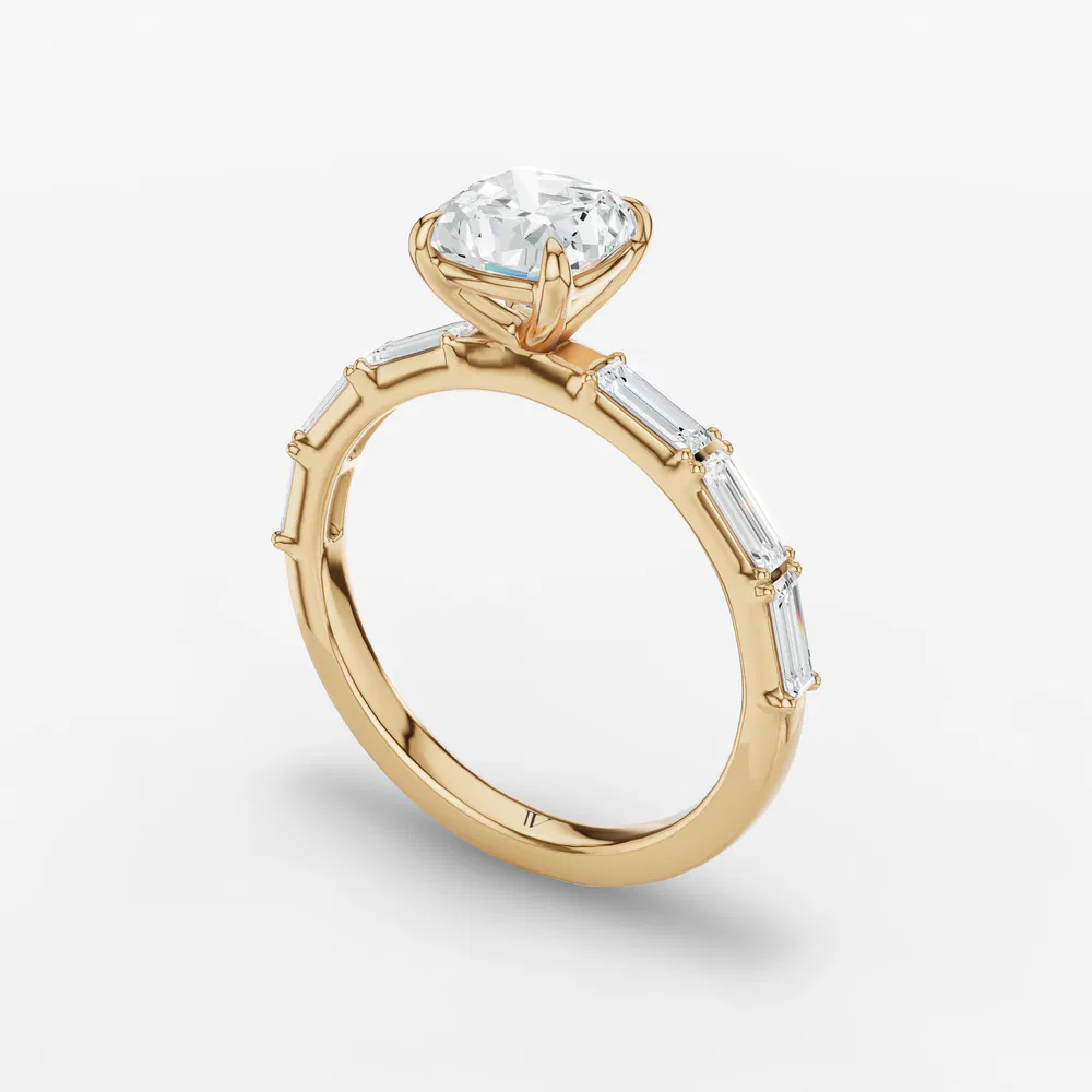 Certified 2 carat Lab Grown Diamond Cushion Cut Baguette, Side Stone Engagement Ring in 14K Yellow Gold-Lunark
