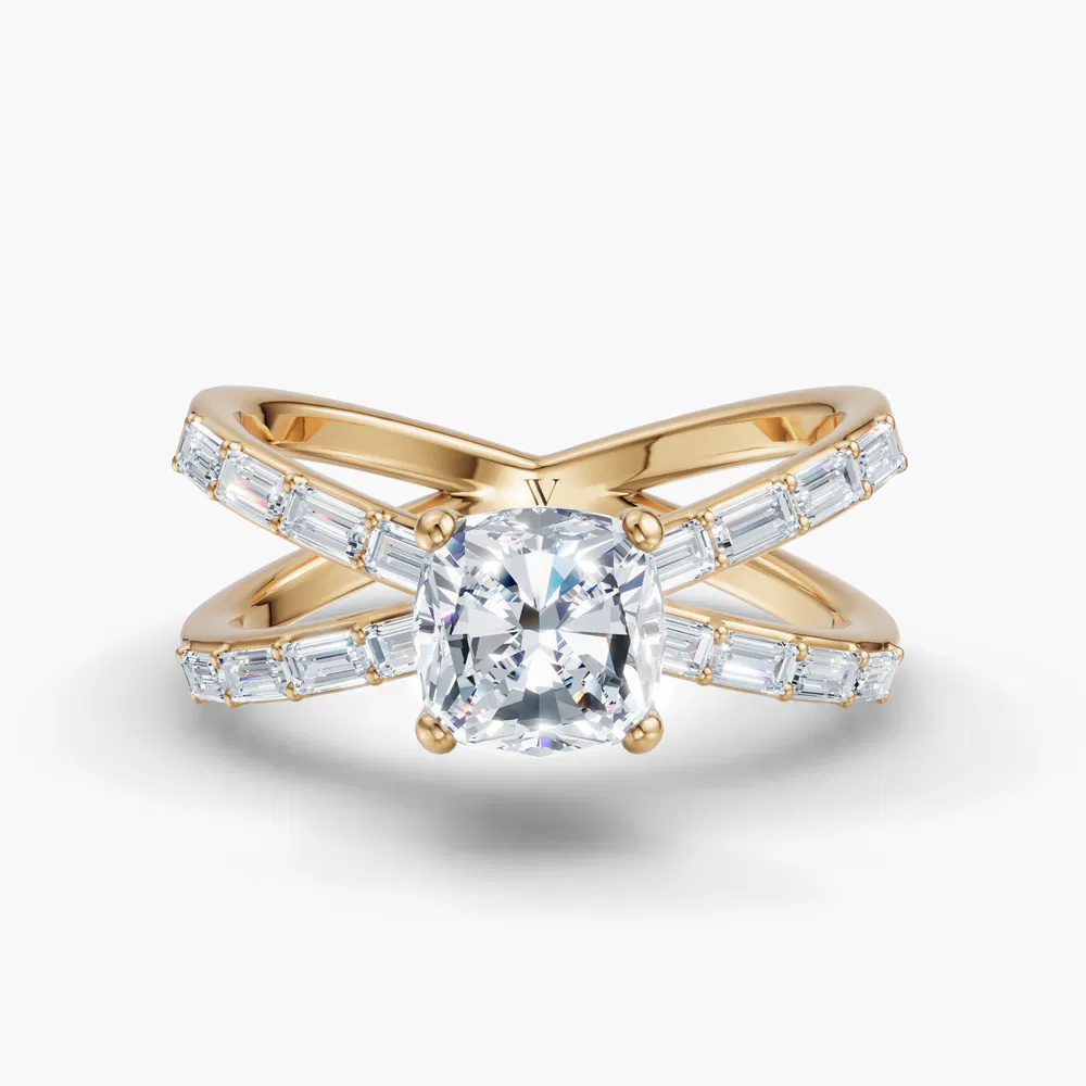 Certified 2 carat Lab Grown Diamond Cushion Cut Baguette, Unique, Split Shank Engagement Ring in 14K Yellow Gold-Luminara