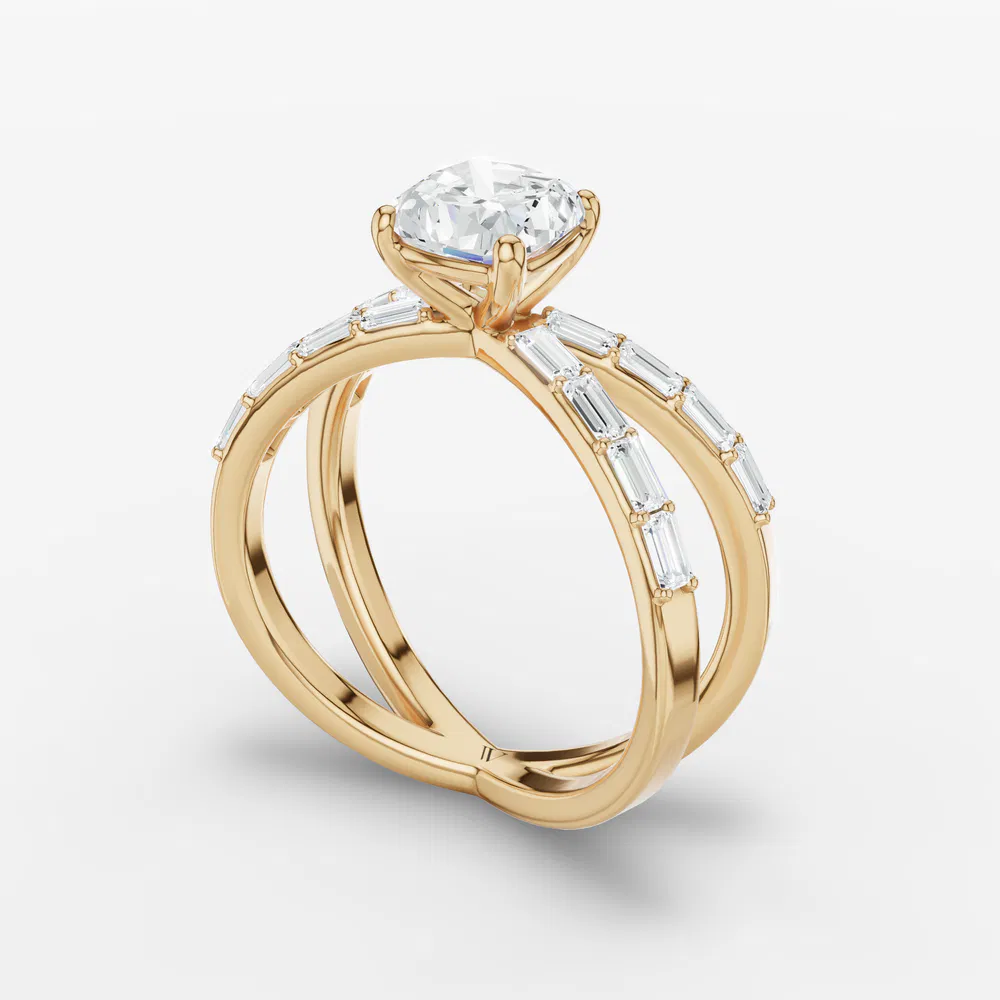 Certified 2 carat Lab Grown Diamond Cushion Cut Baguette, Unique, Split Shank Engagement Ring in 14K Yellow Gold-Luminara