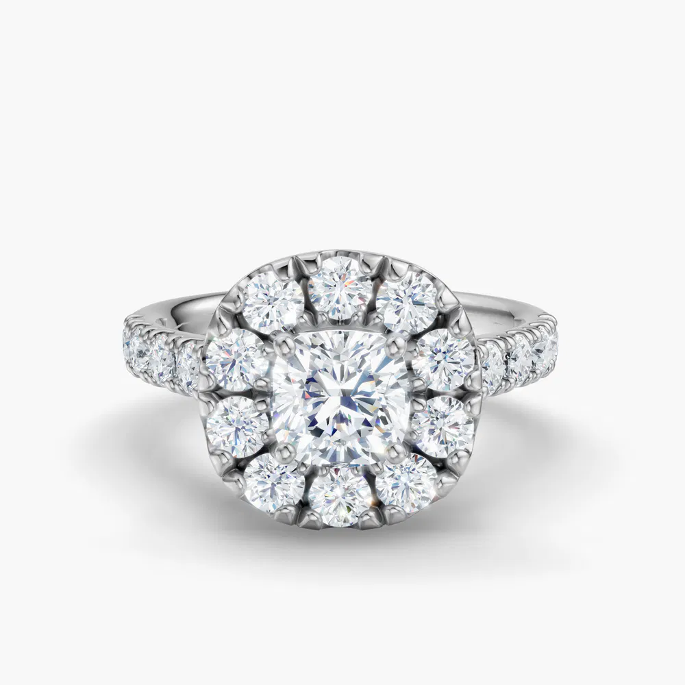 Certified 2 carat Lab Grown Diamond Cushion Cut Halo, Pavé, Cathedral Engagement Ring in 14K White Gold-Astrid