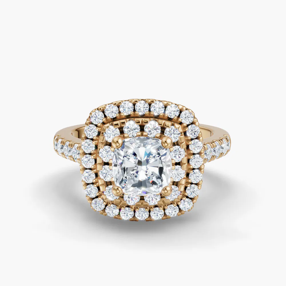 Certified 2 carat Lab Grown Diamond Cushion Cut Halo, Pavé, Double halo Engagement Ring in 14K Yellow Gold-Brexa