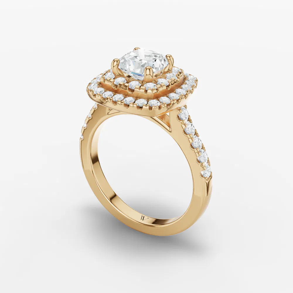 Certified 2 carat Lab Grown Diamond Cushion Cut Halo, Pavé, Double halo Engagement Ring in 14K Yellow Gold-Brexa