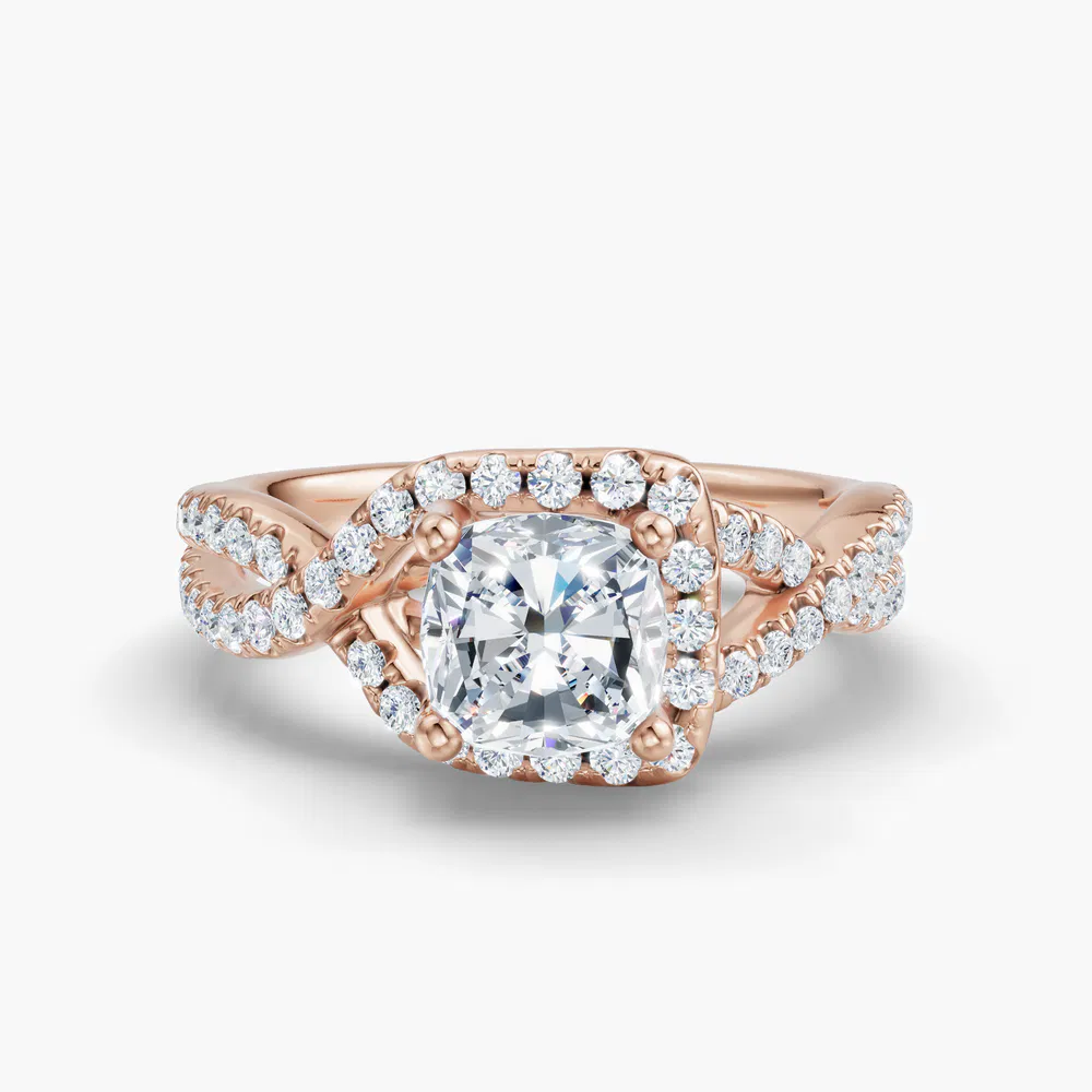 Certified 2 carat Lab Grown Diamond Cushion Cut Unique, Pavé, Halo Engagement Ring in 14K Rose Gold-Stellune