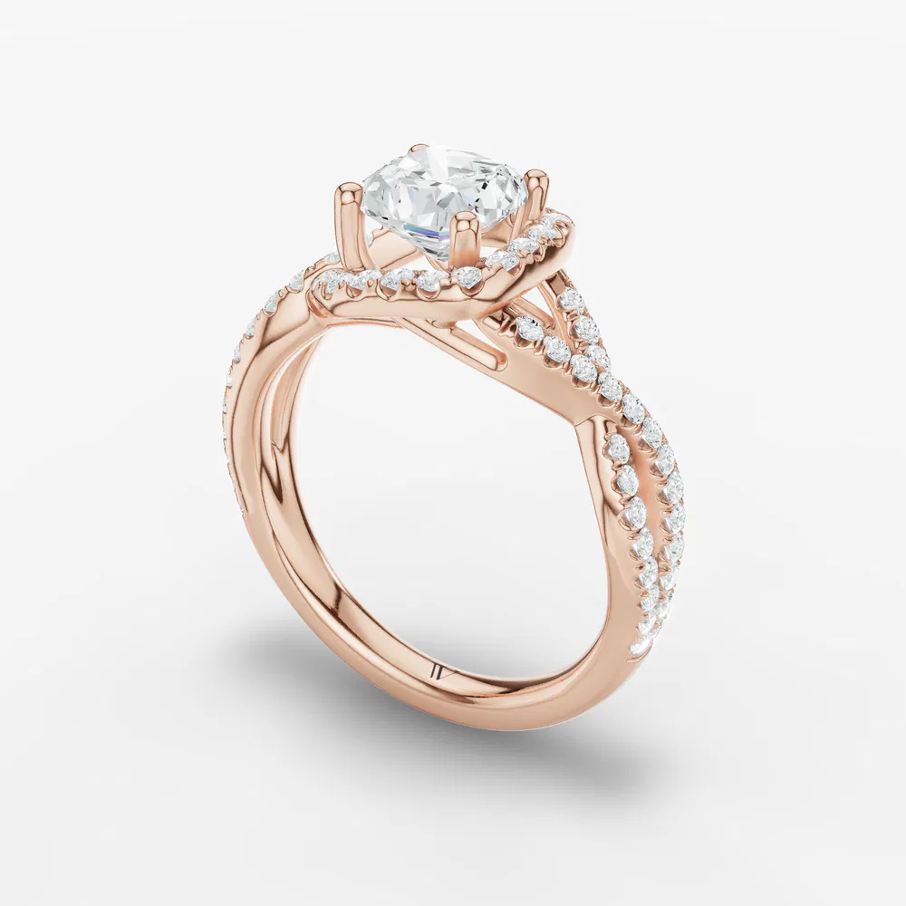 Certified 2 carat Lab Grown Diamond Cushion Cut Unique, Pavé, Halo Engagement Ring in 14K Rose Gold-Stellune