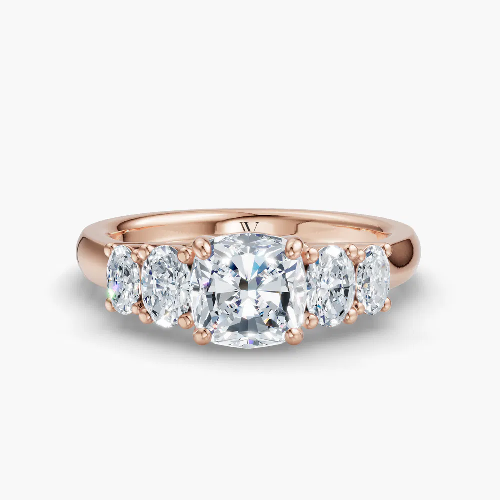 Certified 2 carat Lab Grown Diamond Cushion Cut Five Stone, Side Stone Engagement Ring in 14K Rose Gold-Elyx