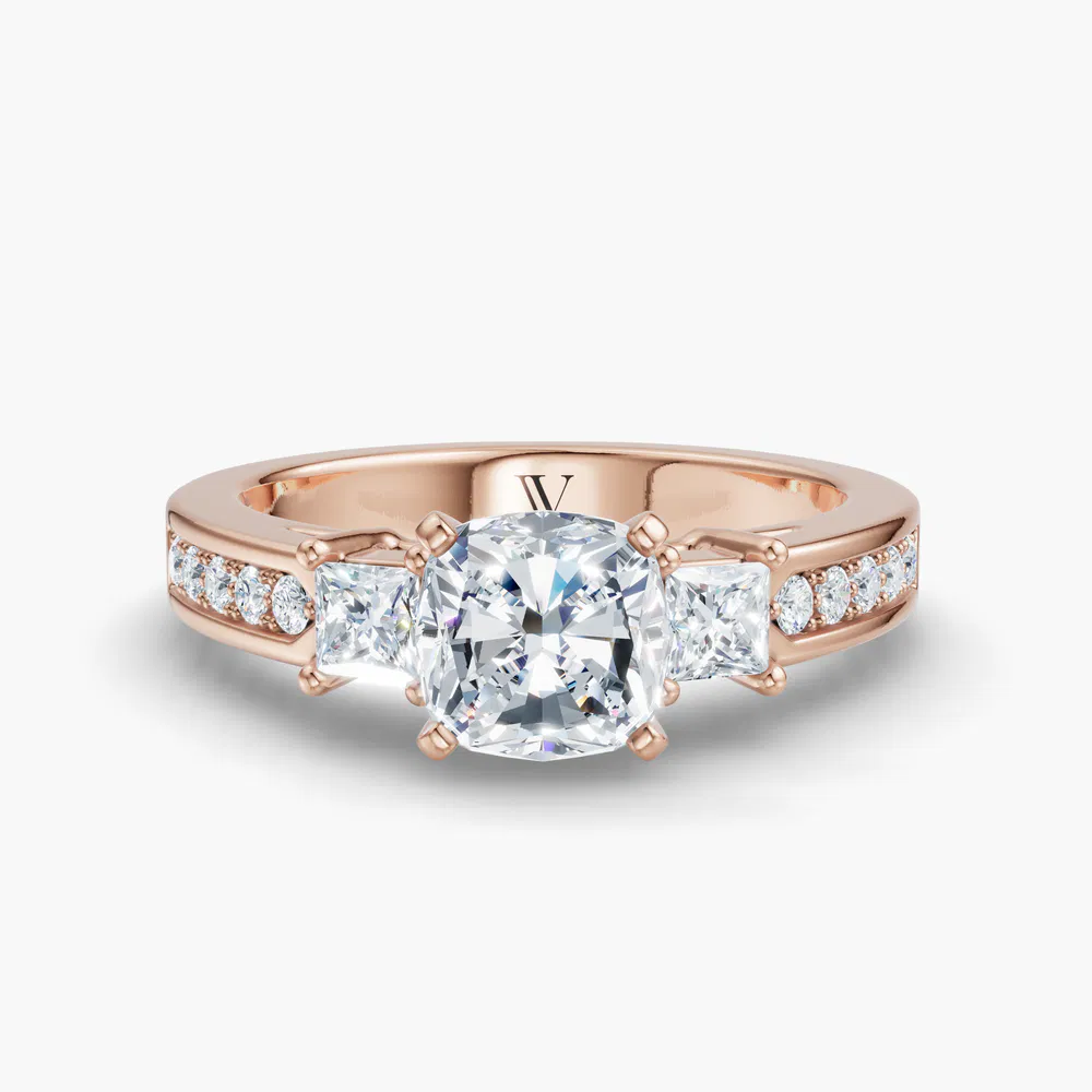 Certified 2 carat Lab Grown Diamond Cushion Cut Three Stone, Pavé, Channel Set Engagement Ring in 14K Rose Gold-Velis
