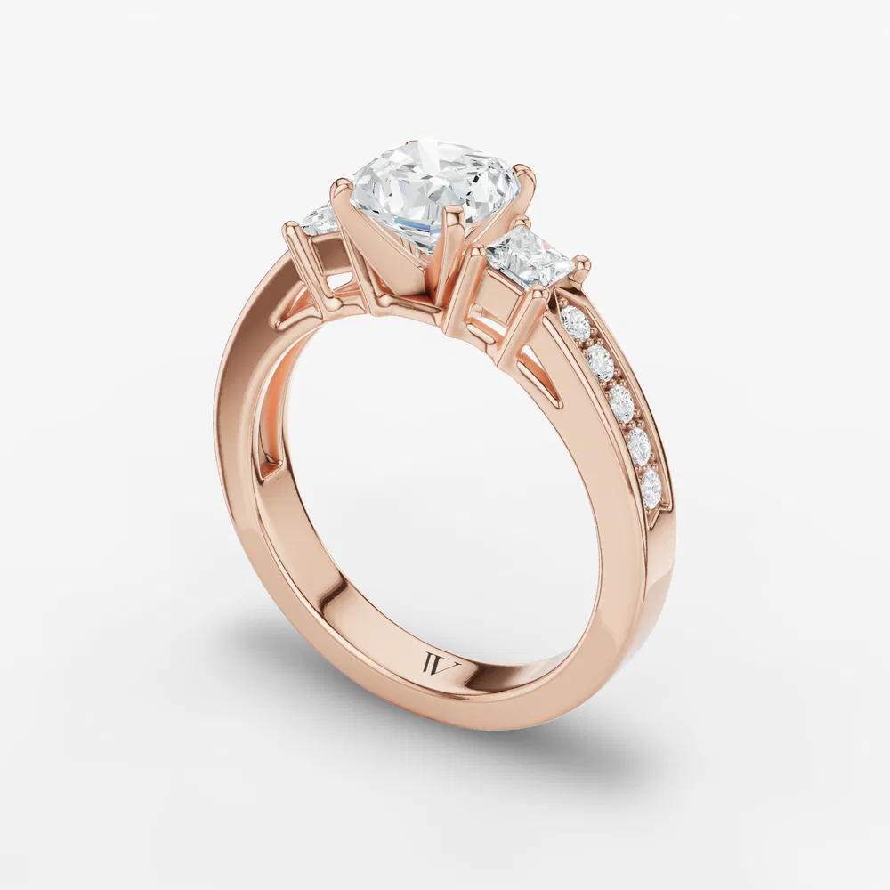 Certified 2 carat Lab Grown Diamond Cushion Cut Three Stone, Pavé, Channel Set Engagement Ring in 14K Rose Gold-Velis