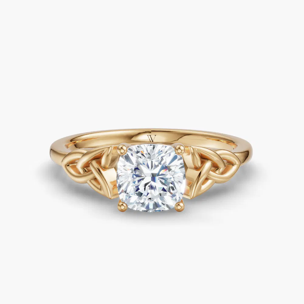 Certified 2 carat Lab Grown Diamond Cushion Cut Solitaire, Cathedral, Celtic Engagement Ring in 14K Yellow Gold-Vire