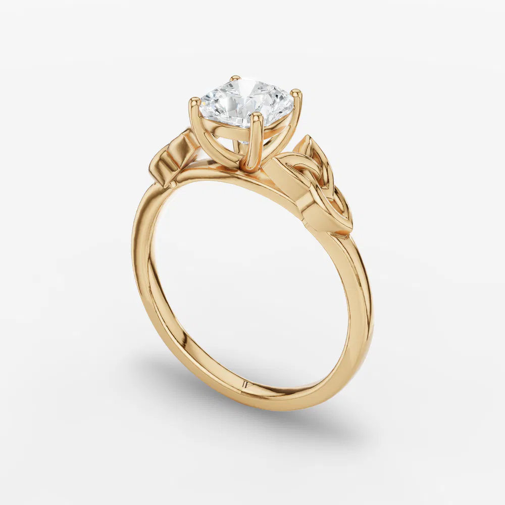Certified 2 carat Lab Grown Diamond Cushion Cut Solitaire, Cathedral, Celtic Engagement Ring in 14K Yellow Gold-Vire