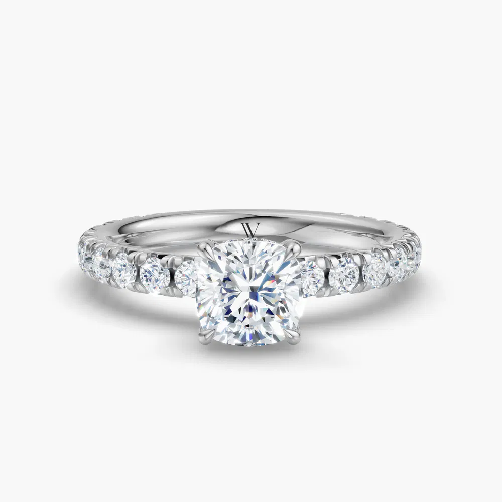 Cyrra 1 carat Lab Grown Diamond Cushion Cut Pavé, Hidden Halo, Low profile Engagement Ring in 14K White Gold
