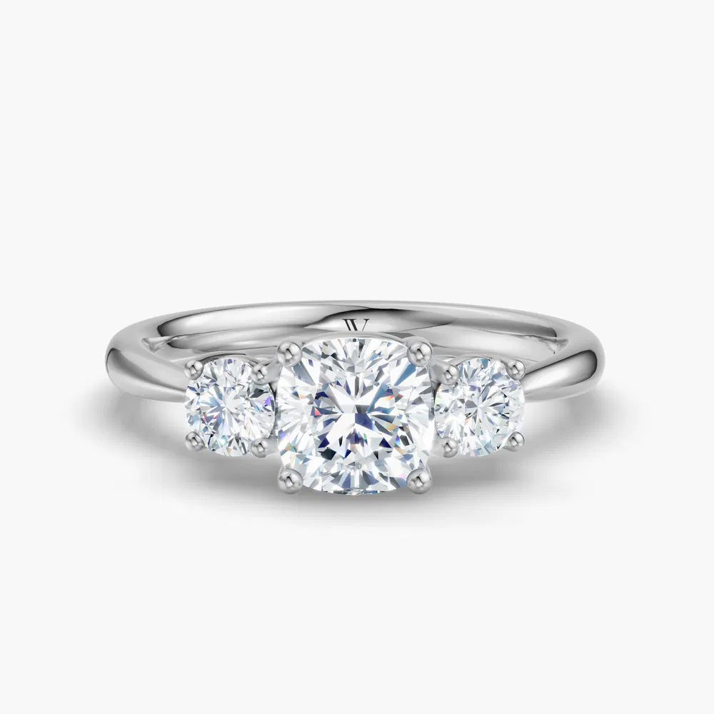 Dhyra 1 carat Lab Grown Diamond Cushion Cut Side Stone, Three Stone, Low profile Engagement Ring in 14K White Gold