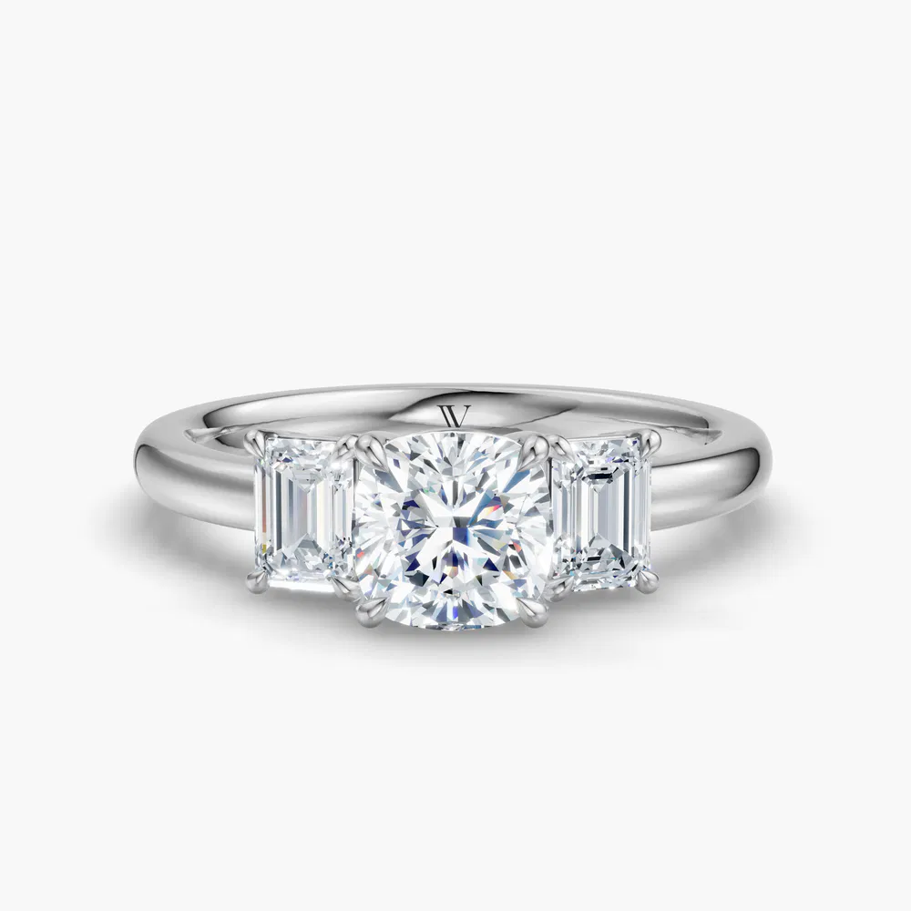 Nectarl 1 carat Lab Grown Diamond Cushion Cut Three Stone, Side Stone, Low profile Engagement Ring in 14K White Gold