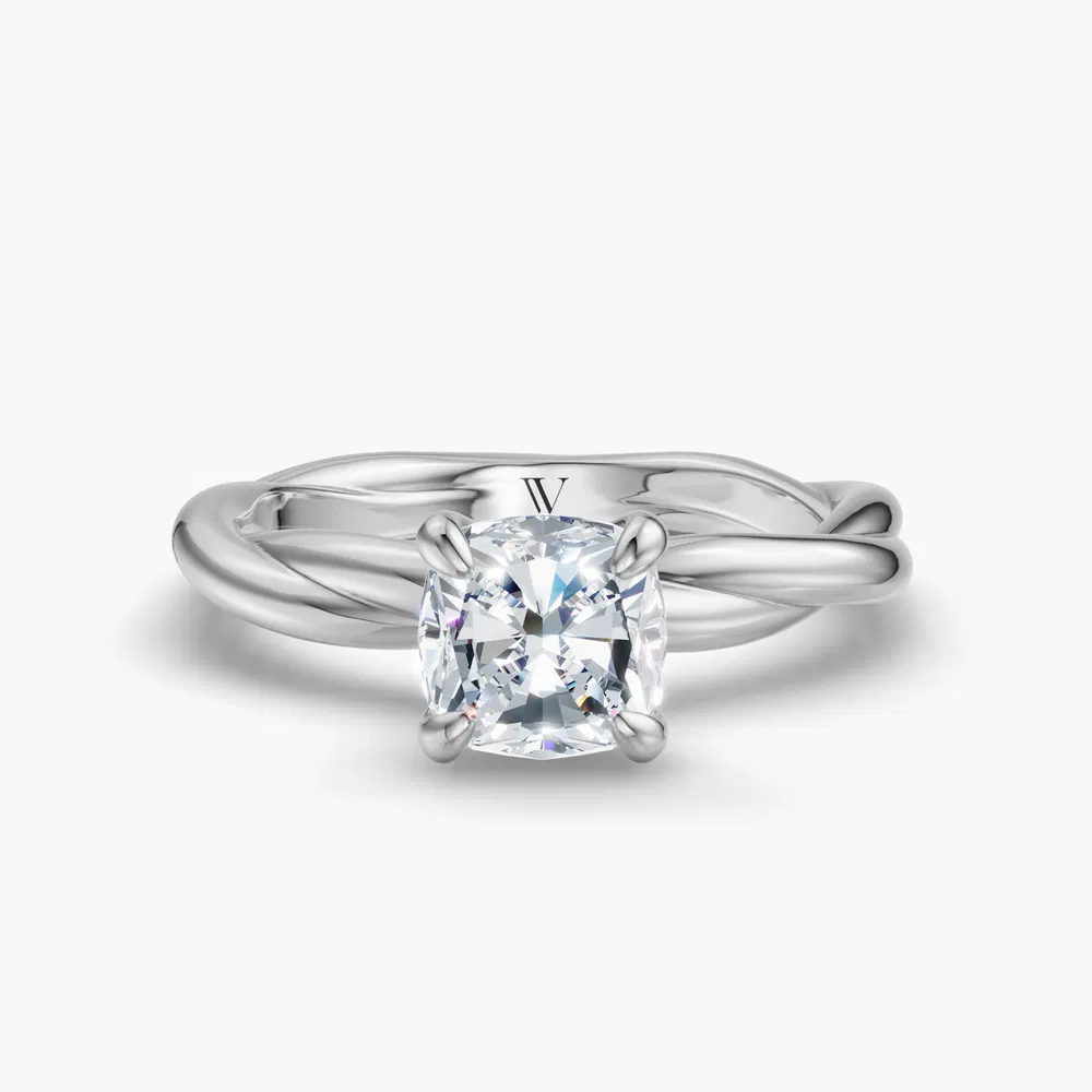 Fyora 1 carat Lab Grown Diamond Cushion Cut Solitaire, Twist Engagement Ring in 14K White Gold