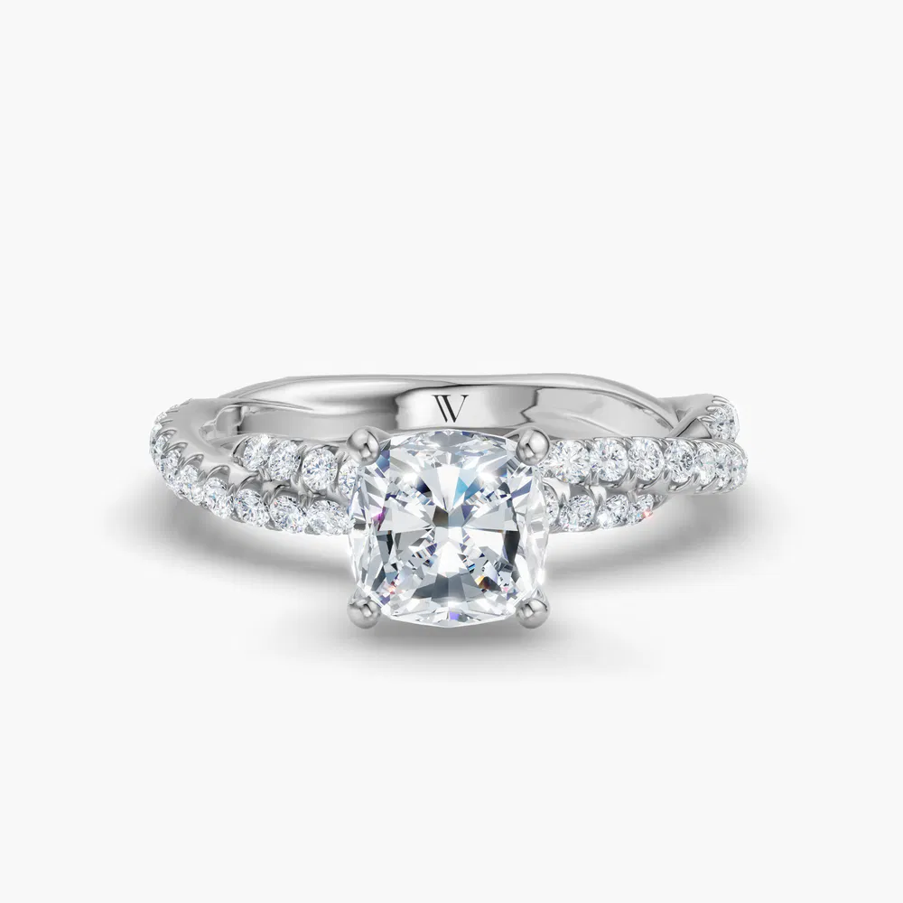 Alva 1 carat Lab Grown Diamond Cushion Cut Pavé, Twist Engagement Ring in 14K White Gold