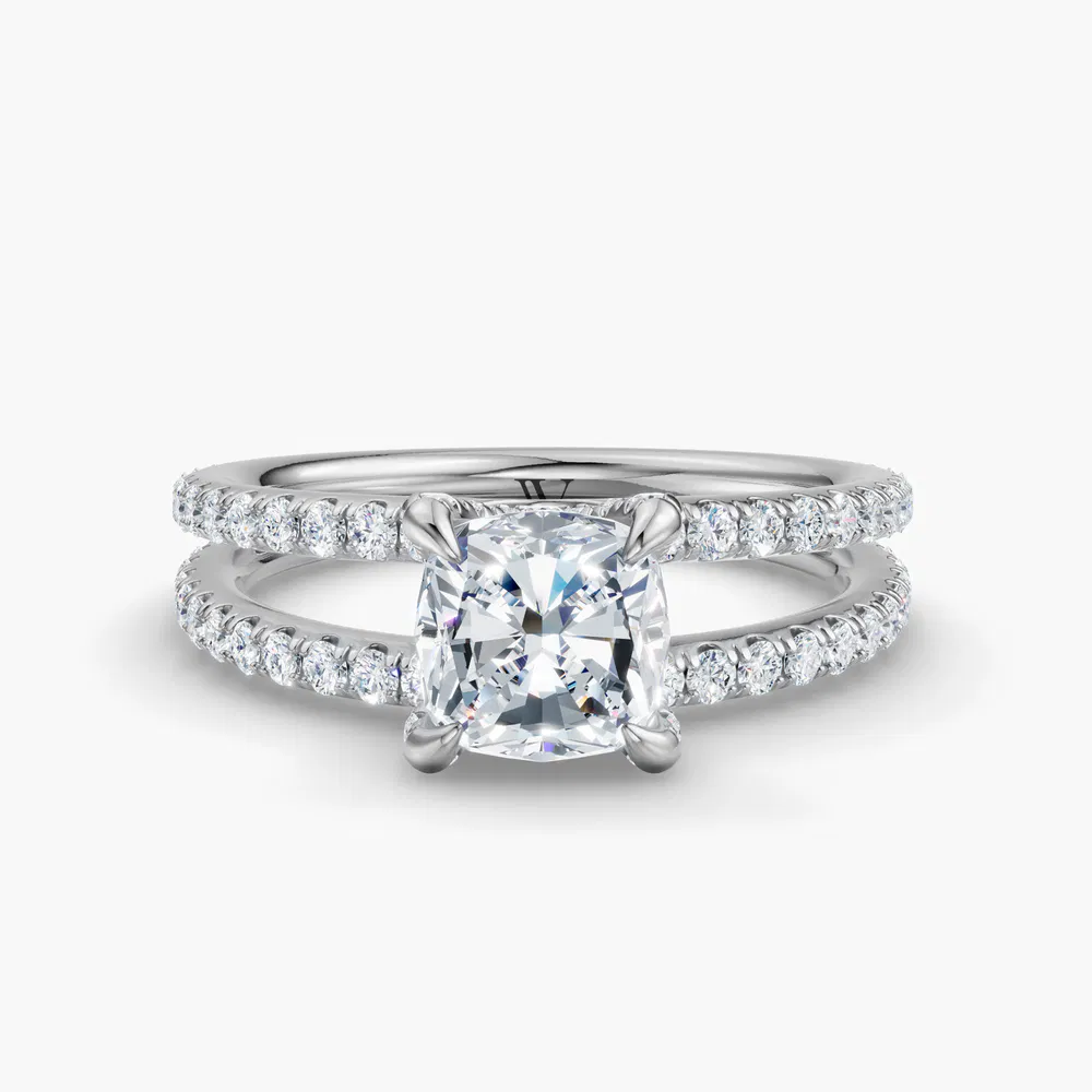 Soren 1 carat Lab Grown Diamond Cushion Cut Pavé, Split Shank, Hidden Halo Engagement Ring in 14K White Gold