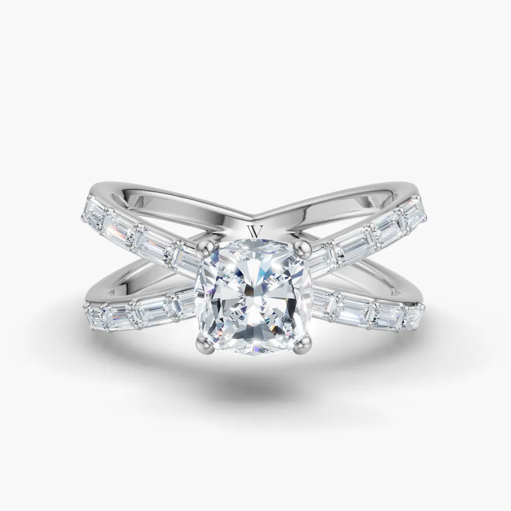 Luminara 1 carat Lab Grown Diamond Cushion Cut Side Stone, Baguette, Unique Engagement Ring in 14K White Gold