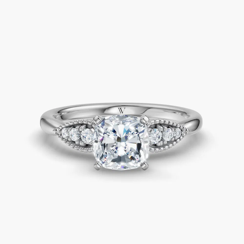 Yerlin 1 carat Lab Grown Diamond Cushion Cut Side Stone, Vintage, Milgrain Engagement Ring in 14K White Gold