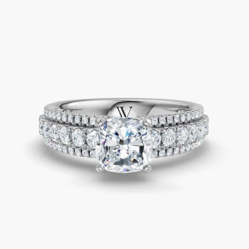 Riven 1 carat Lab Grown Diamond Cushion Cut Pavé Engagement Ring in 14K White Gold