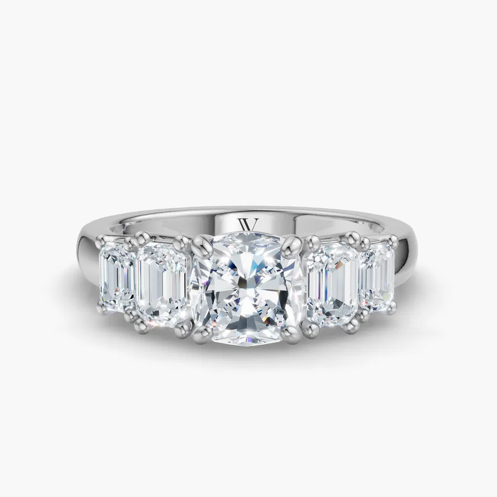 Osvh 1 carat Lab Grown Diamond Cushion Cut Side Stone, Five Stone Engagement Ring in 14K White Gold