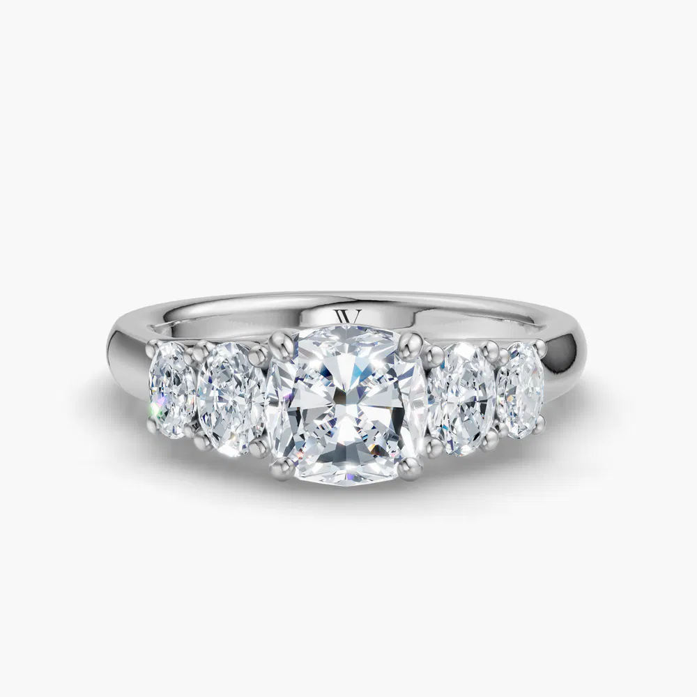 Elyx 1 carat Lab Grown Diamond Cushion Cut Side Stone, Five Stone Engagement Ring in 14K White Gold