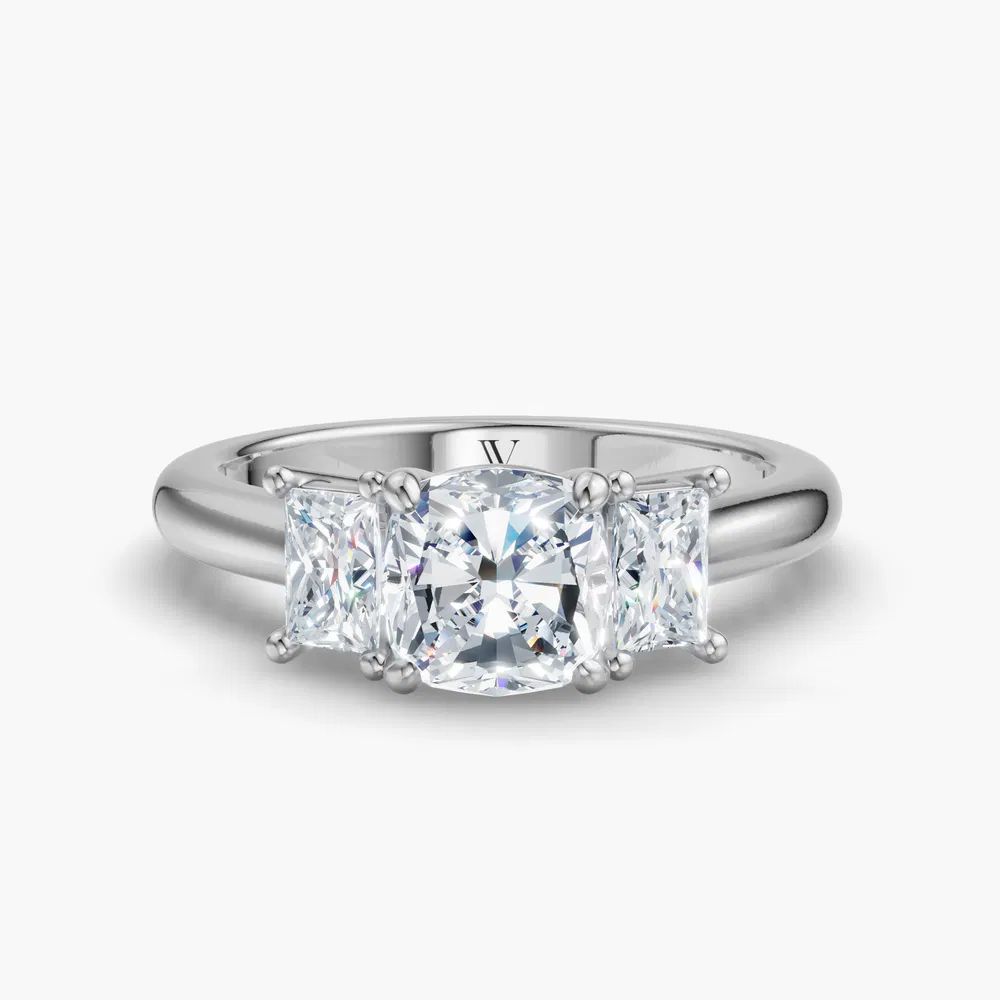 Dravon 1 carat Lab Grown Diamond Cushion Cut Three Stone, Side Stone Engagement Ring in 14K White Gold