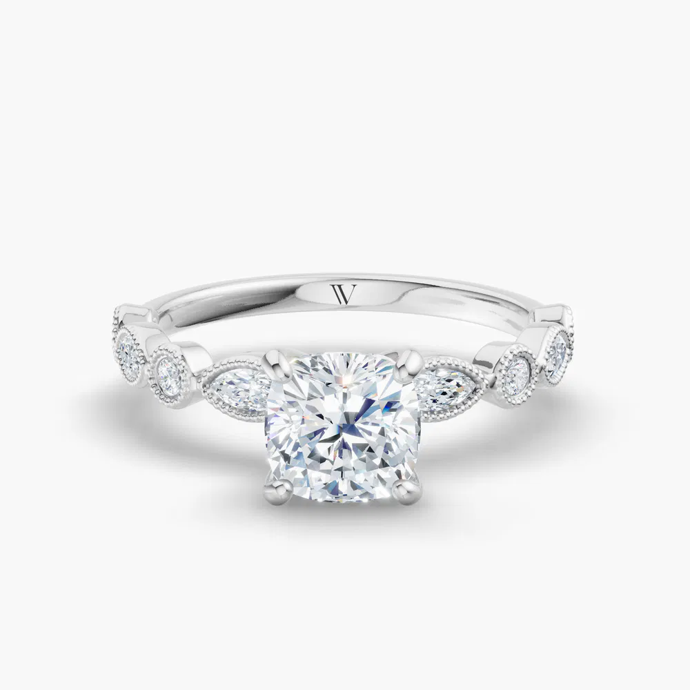 Sior 1 carat Lab Grown Diamond Cushion Cut Side Stone, Vintage, Milgrain Engagement Ring in 14K White Gold