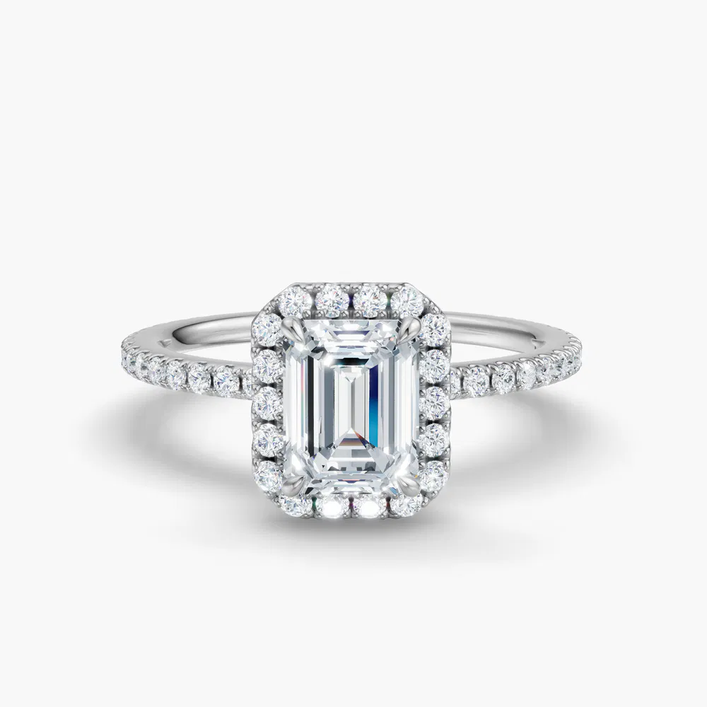 Certified 2 carat Lab Grown Diamond Emerald Cut Pavé, Halo, Hidden Halo Engagement Ring in 14K White Gold-Jynl