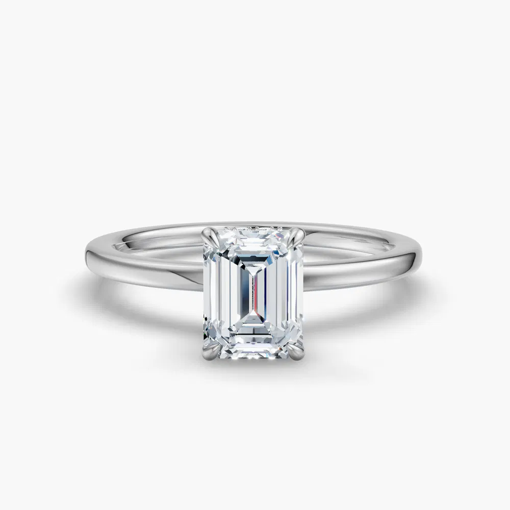 Certified 2 carat Lab Grown Diamond Emerald Cut Hidden Halo Engagement Ring in 14K White Gold-Helia