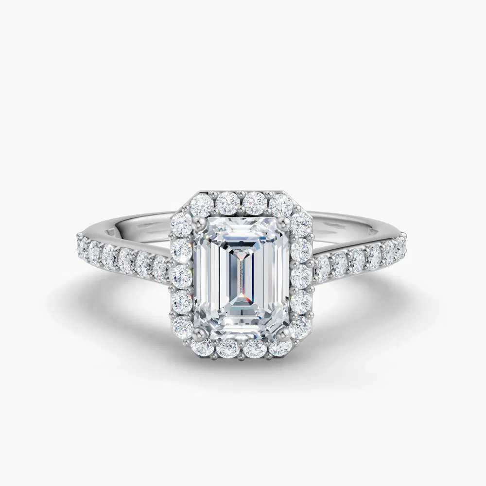 Certified 2 carat Lab Grown Diamond Emerald Cut Pavé, Halo, Cathedral Engagement Ring in 14K White Gold-Kvolt