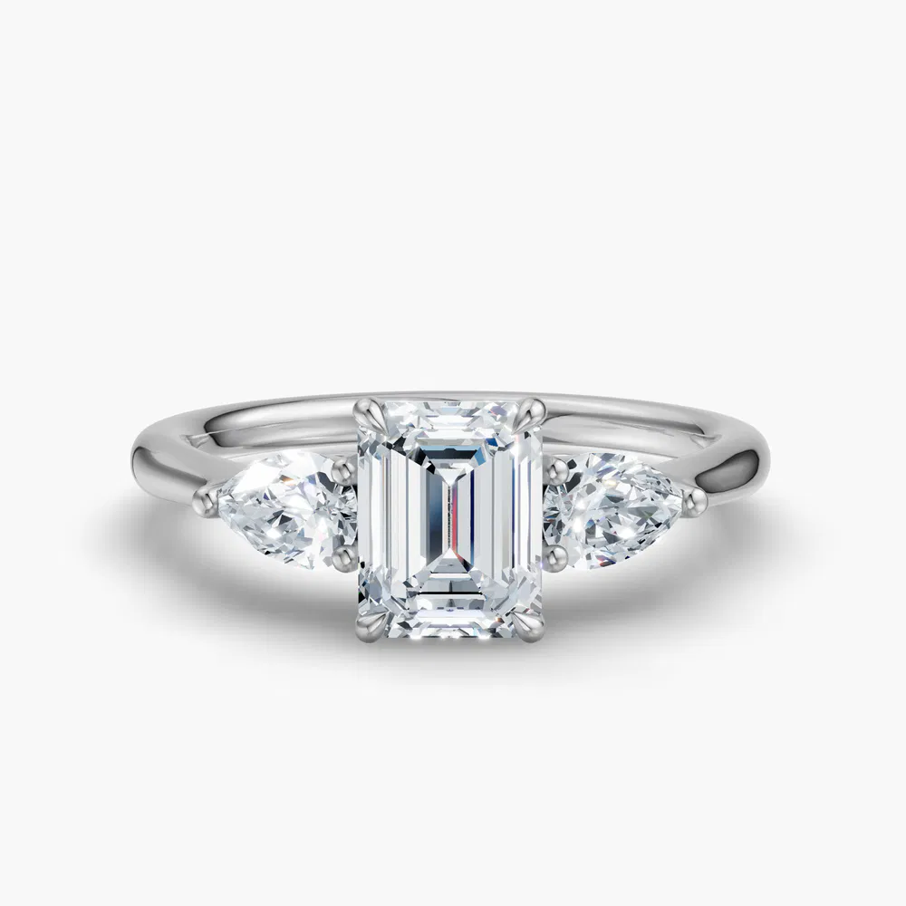 Certified 2 carat Lab Grown Diamond Emerald Cut Three Stone, Side Stone, Low profile Engagement Ring in 14K White Gold-Hailu
