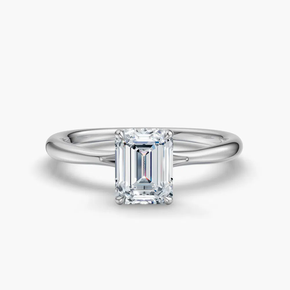 Certified 2 carat Lab Grown Diamond Emerald Cut Hidden Halo, Solitaire, Low profile Engagement Ring in 14K White Gold-Anomis