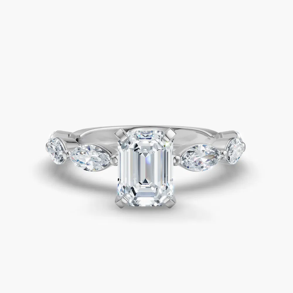 Certified 2 carat Lab Grown Diamond Emerald Cut Side Stone Engagement Ring in 14K White Gold-Trind
