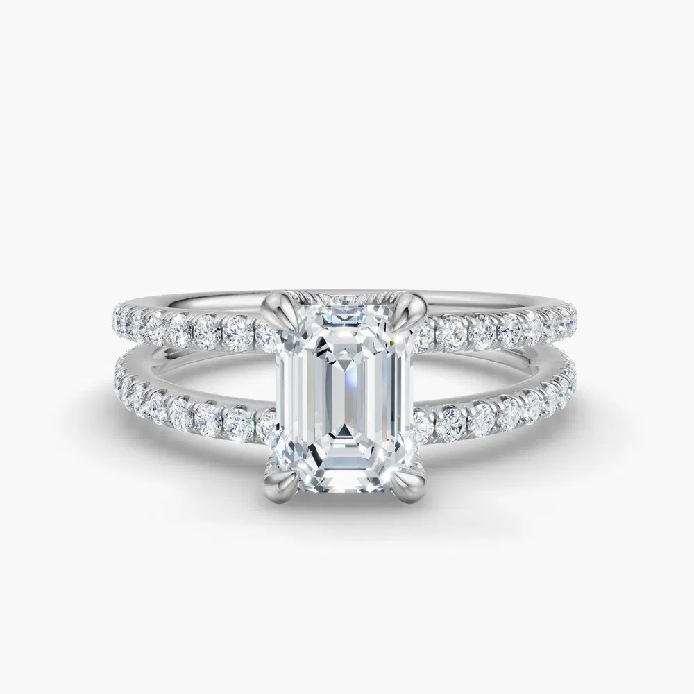 Certified 2 carat Lab Grown Diamond Emerald Cut Pavé, Split Shank, Hidden Halo Engagement Ring in 14K White Gold-Soren