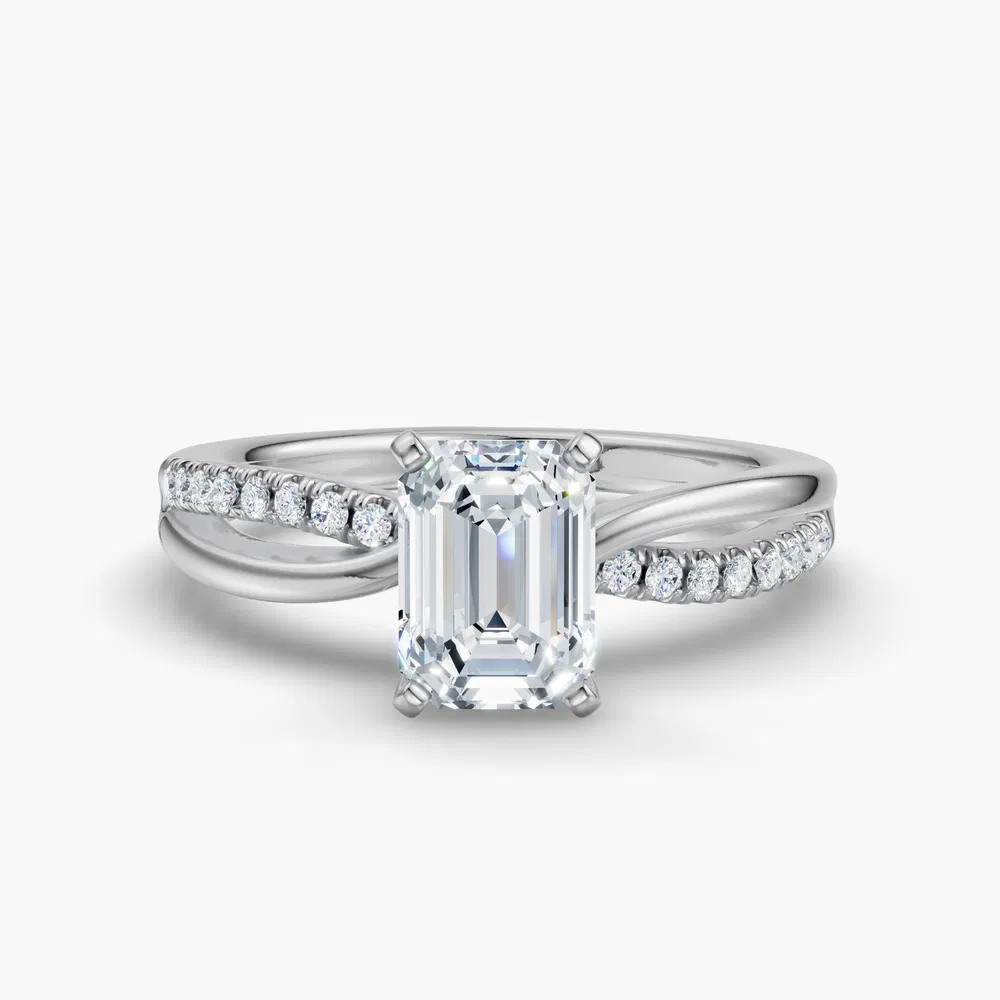Certified 2 carat Lab Grown Diamond Emerald Cut Pavé, Split Shank Engagement Ring in 14K White Gold-Polaris