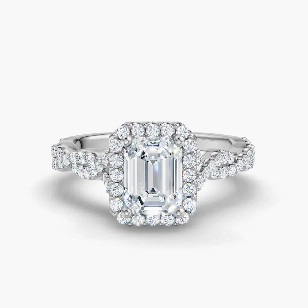 Certified 2 carat Lab Grown Diamond Emerald Cut Halo, Pavé, Twist Engagement Ring in 14K White Gold-Meraki