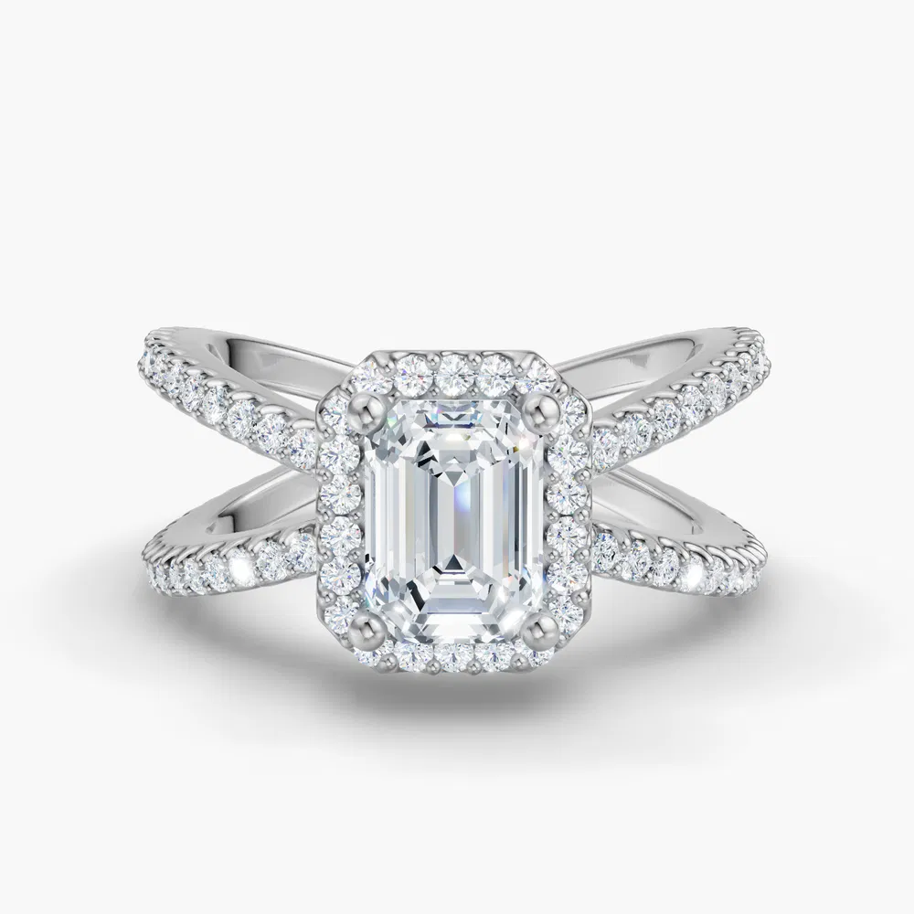 Certified 2 carat Lab Grown Diamond Emerald Cut Pavé, Halo, Split Shank Engagement Ring in 14K White Gold-Xylius