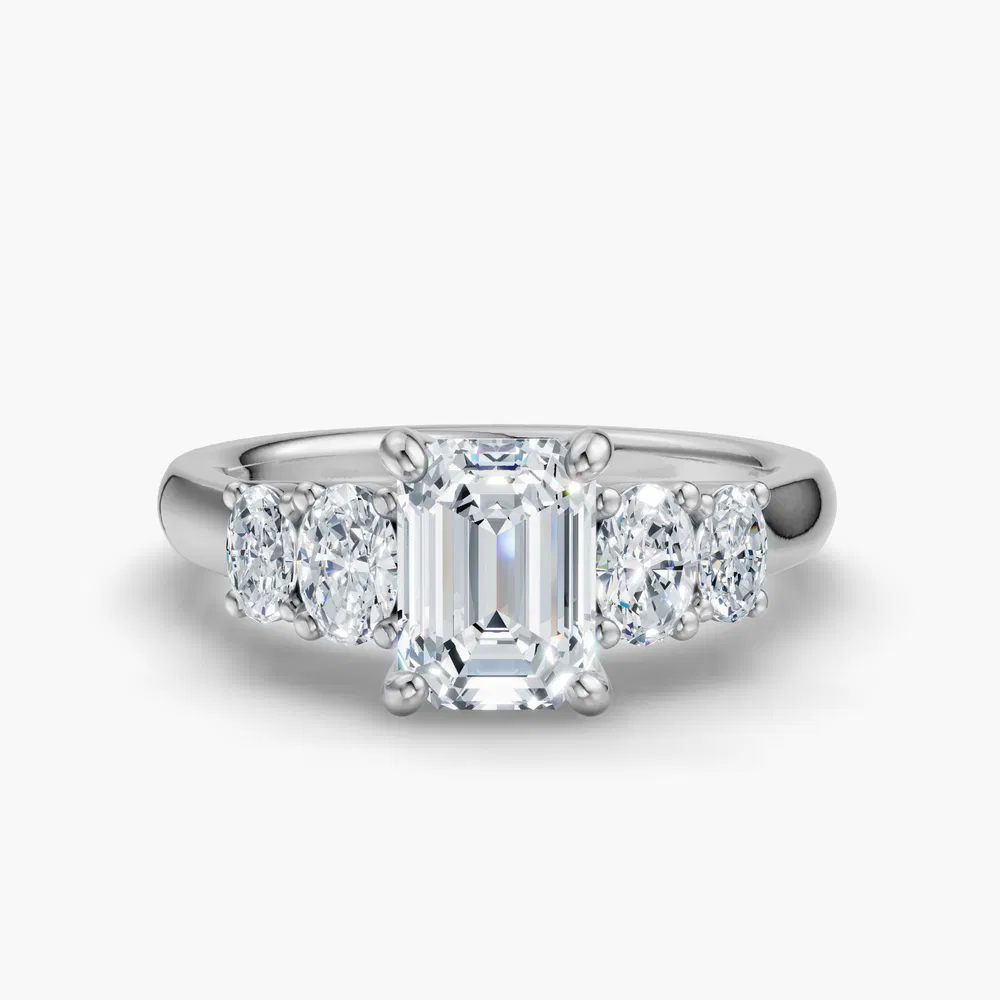 Certified 2 carat Lab Grown Diamond Emerald Cut Five Stone, Side Stone Engagement Ring in 14K White Gold-Elyx