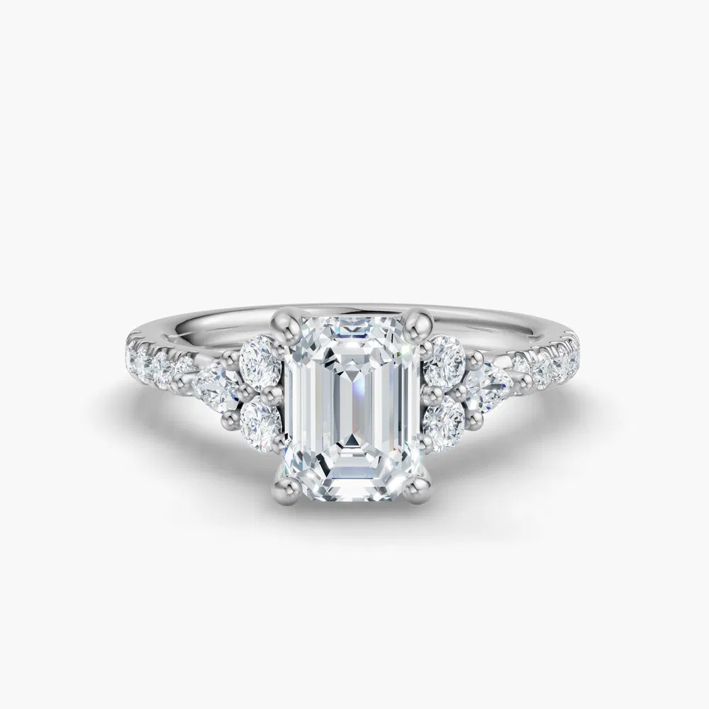 Certified 2 carat Lab Grown Diamond Emerald Cut Pavé, Side Stone Engagement Ring in 14K White Gold-Tarne
