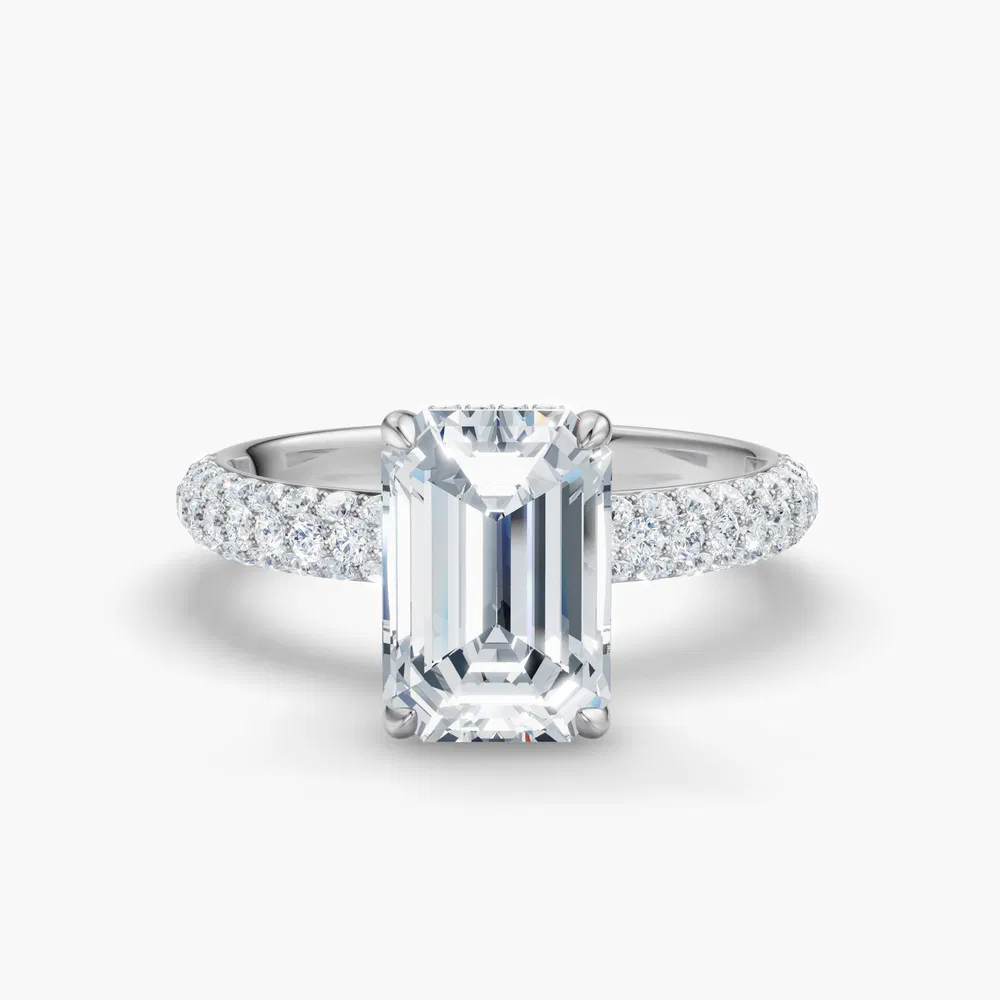 Certified 2 carat Lab Grown Diamond Emerald Cut Pavé, Hidden Halo Engagement Ring in 14K White Gold-Lyre 