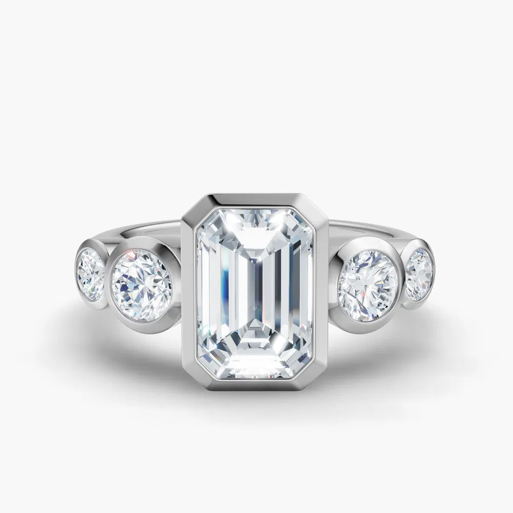 Certified 2 carat Lab Grown Diamond Emerald Cut Five Stone, Milgrain, Bezel Engagement Ring in 14K White Gold-Sole