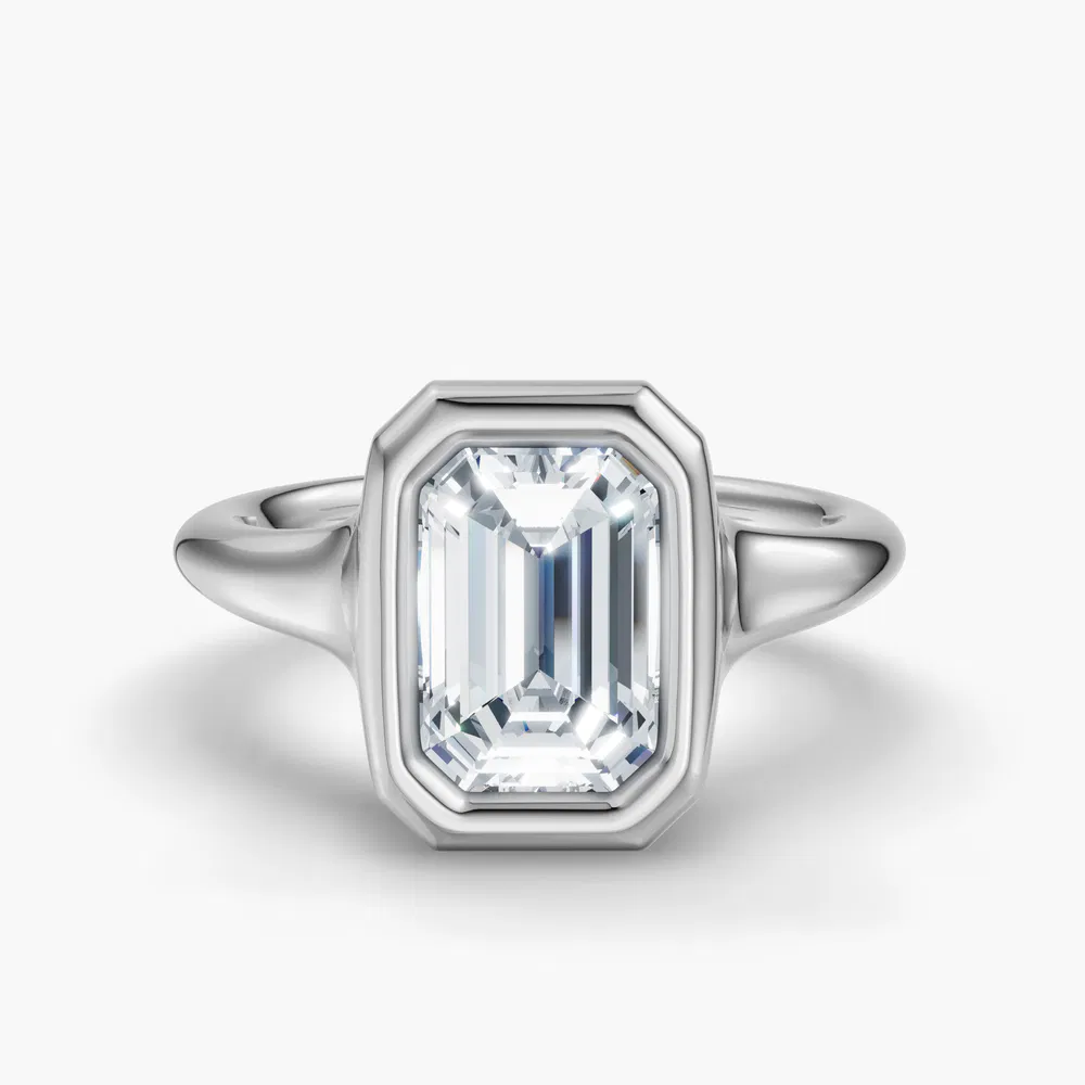 Certified 2 carat Lab Grown Diamond Emerald Cut Solitaire, Bezel Engagement Ring in 14K White Gold-Zayn