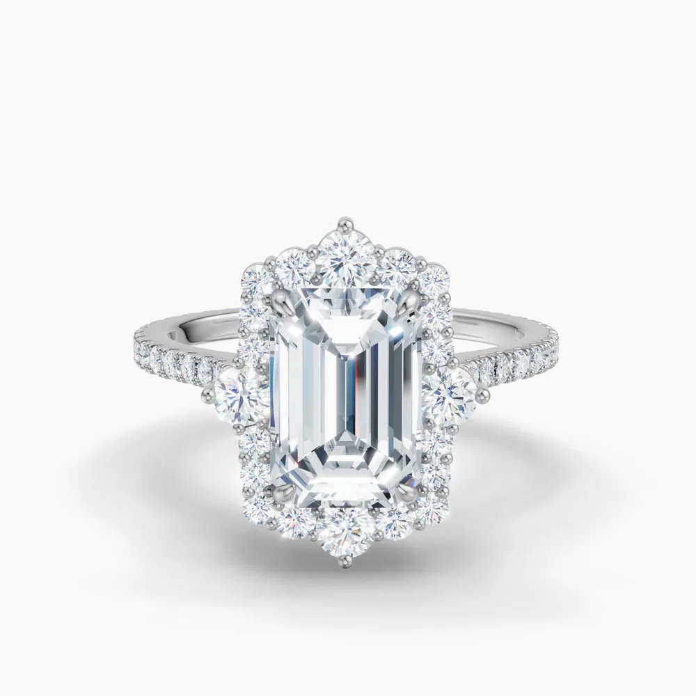 Certified 2 carat Lab Grown Diamond Emerald Cut Hidden Halo, Halo, Cathedral Engagement Ring in 14K White Gold-Cylen