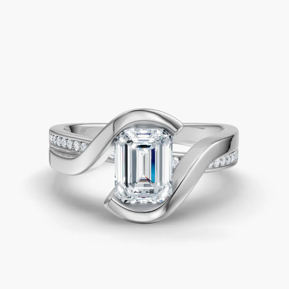 Certified 2 carat Lab Grown Diamond Emerald Cut Bezel, Modern, Split Shank Engagement Ring in 14K White Gold-Elara
