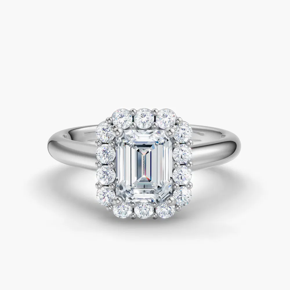 Certified 3 carat Lab Grown Diamond Emerald Cut Cathedral, Halo, Floral Engagement Ring in 14K White Gold-Arwen