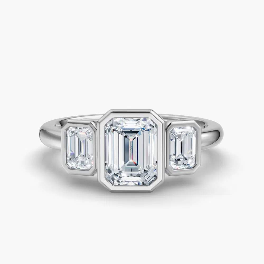 Certified 3 carat Lab Grown Diamond Emerald Cut Three Stone, Bezel, Low profile Engagement Ring in 14K White Gold-Elix