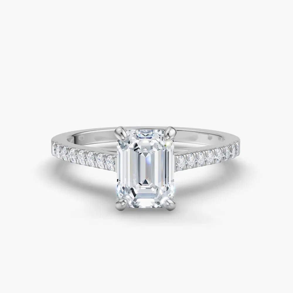 Certified 3 carat Lab Grown Diamond Emerald Cut Pavé, Cathedral Engagement Ring in 14K White Gold-Zirellun