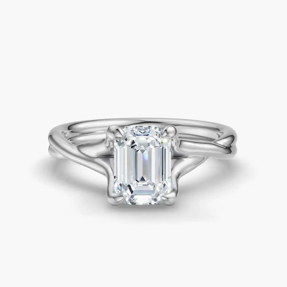 Certified 3 carat Lab Grown Diamond Emerald Cut Solitaire, Twist, Split Shank Engagement Ring in 14K White Gold-Iridell