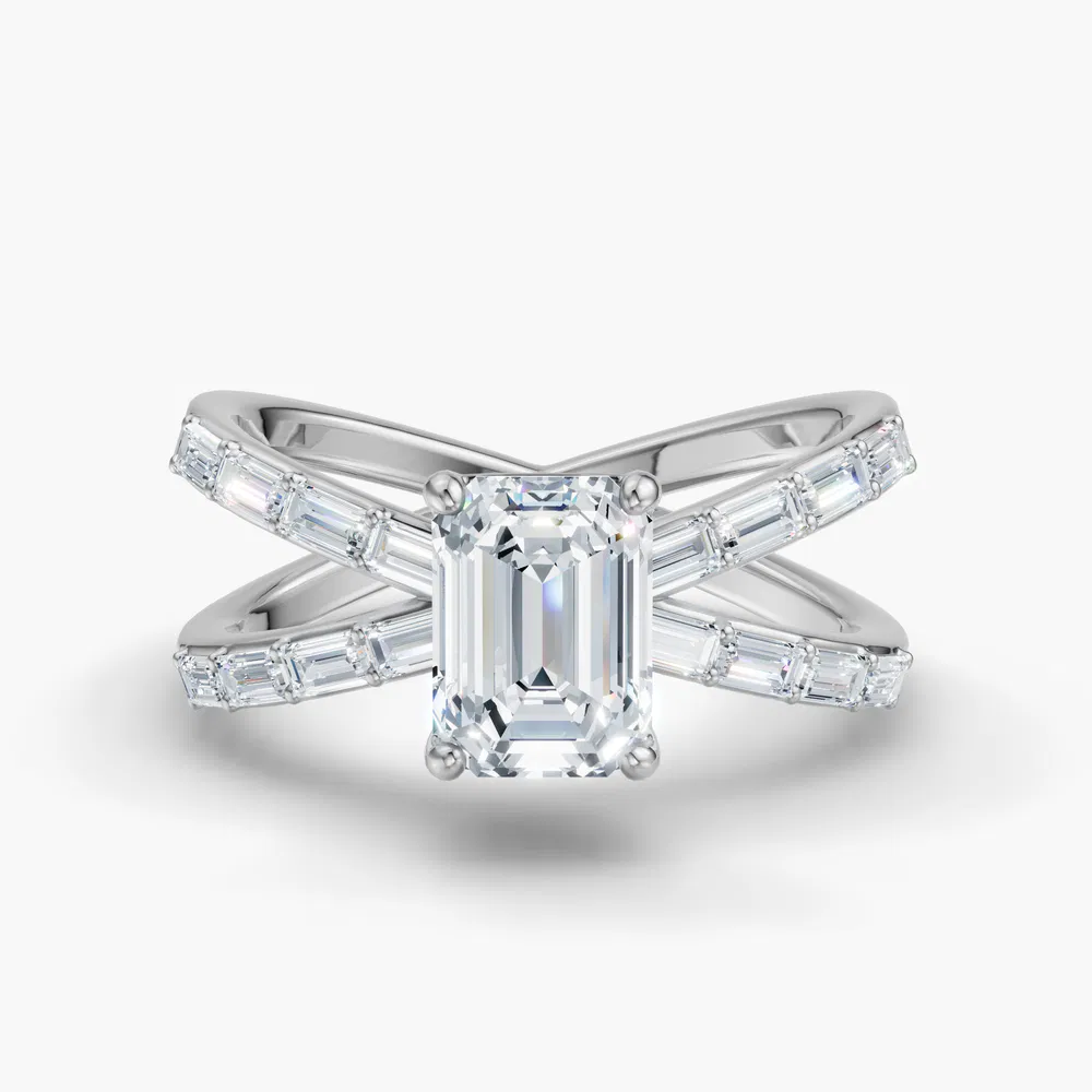 Certified 3 carat Lab Grown Diamond Emerald Cut Baguette, Unique, Split Shank Engagement Ring in 14K White Gold-Luminara