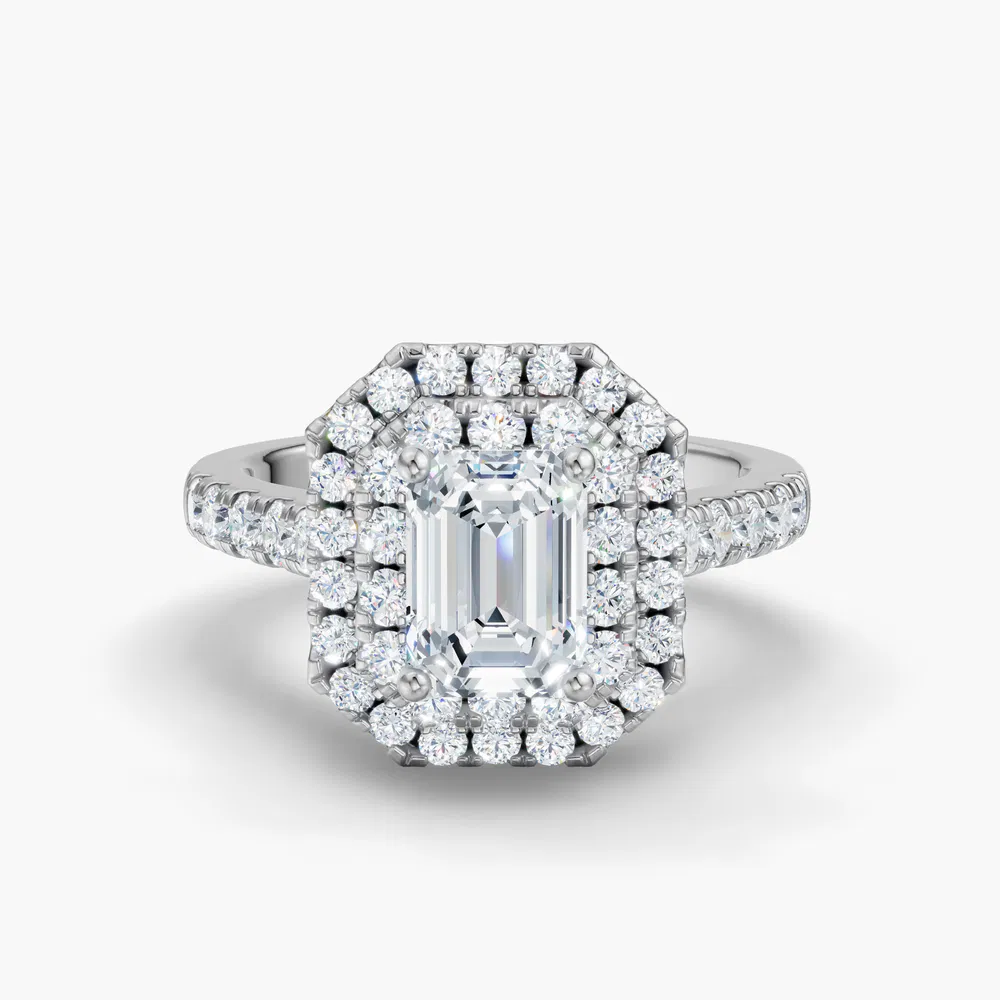 Certified 3 carat Lab Grown Diamond Emerald Cut Halo, Pavé, Double halo Engagement Ring in 14K White Gold-Brexa